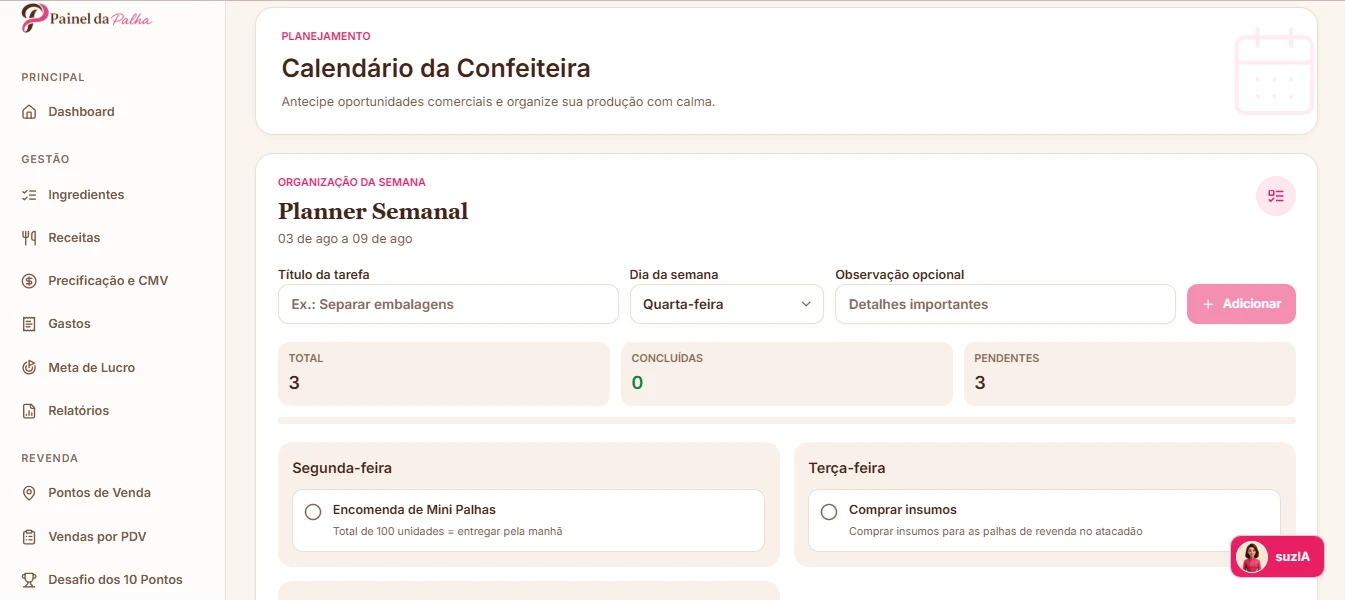 Tela de planner do Painel da Palha