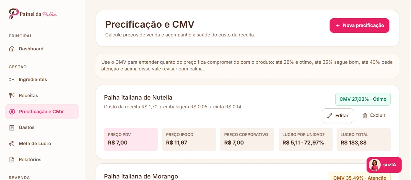 Tela de precificação e CMV do Painel da Palha