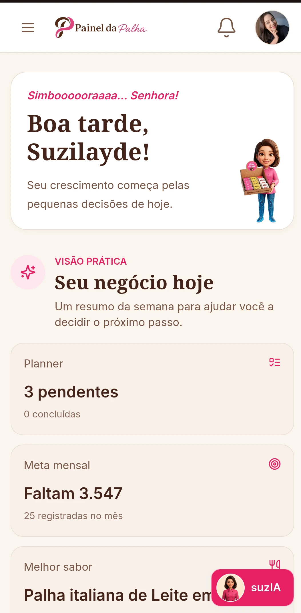 Dashboard mobile do Painel da Palha
